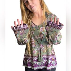 Farmers Market Floral Boho Green and Purple Blouse